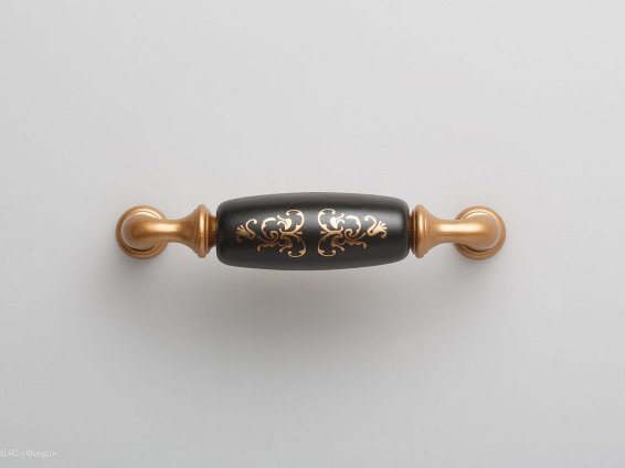 New Deco мебельная ручка-скоба 96 мм золото матовое и черная матовая керамика с золотым рисунком